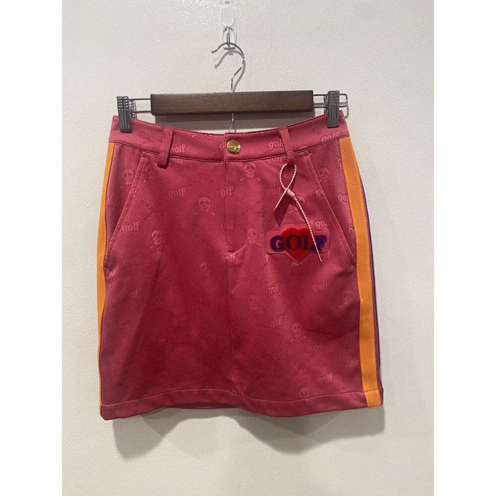 MARK&LONA Lined Pink Golf Skirt with Side Stripes and Skull Print Sz 38